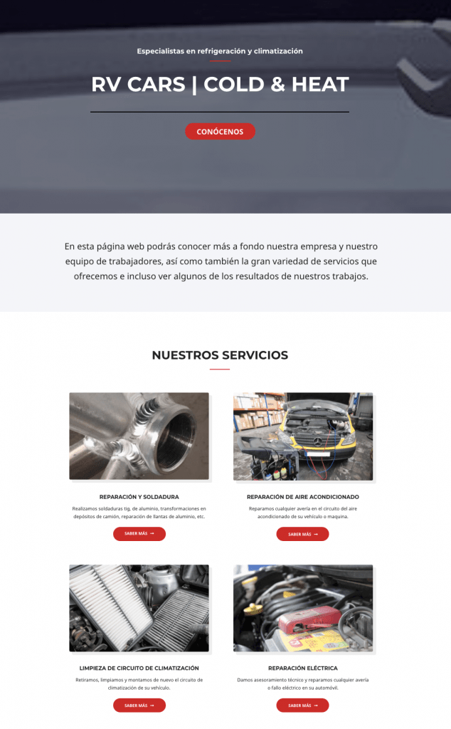 Ejemplo de página web para el taller de coches RV Cars hecha por Core Agency.